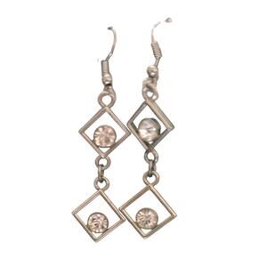 Earrings Pierced Silver Geometric Dangle with Clear Rhinestone Squares SKU 2744